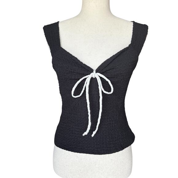 See You Monday Black Textured Crop Top Tie Front Tank Large L - Picture 1 of 7